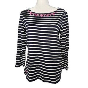 Joules Striped Long Sleeve Marine Top Navy Rhinestone Jewel Neck Size 14